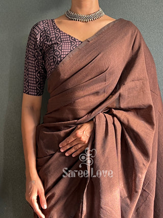 Brown Cotton Saree With Abstract Printed Blouse