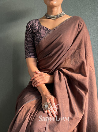 Brown Cotton Saree With Abstract Printed Blouse