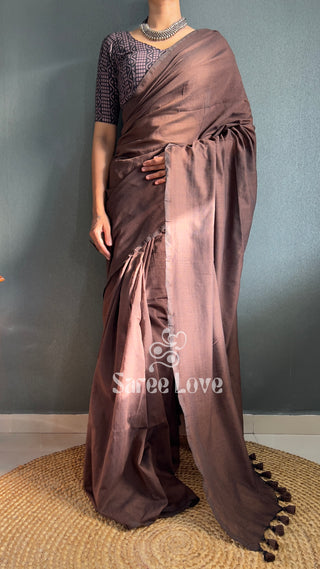 Brown Cotton Saree With Abstract Printed Blouse