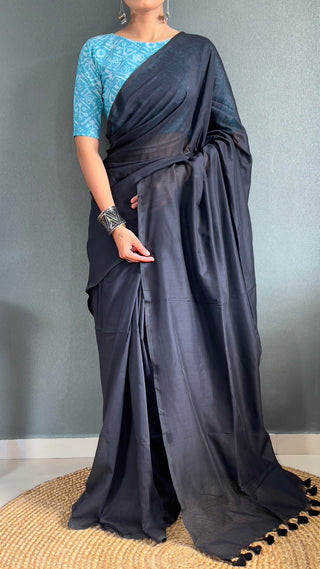 Dark Black Cotton Saree With Blue Printed Blouse