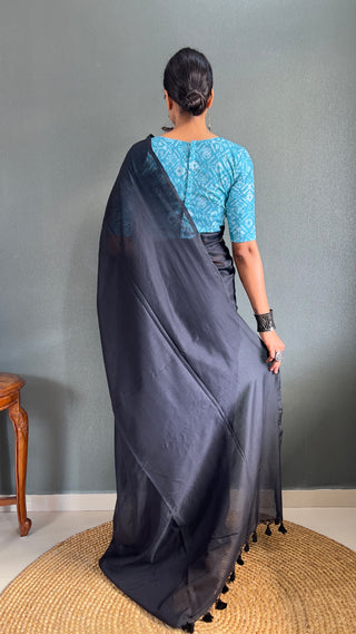 Dark Black Cotton Saree With Blue Printed Blouse