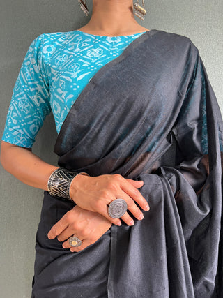 Dark Black Cotton Saree With Blue Printed Blouse