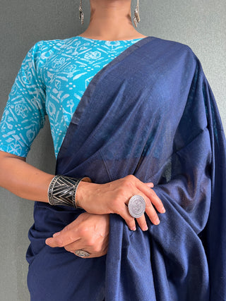 Blue Cotton Saree With Printed Blouse