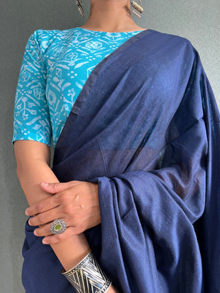 Blue Cotton Saree With Printed Blouse