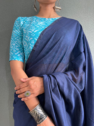 Blue Cotton Saree With Printed Blouse