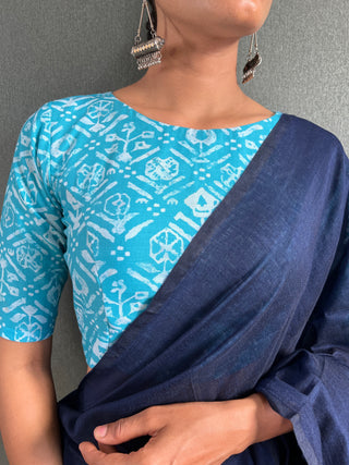 Blue Cotton Saree With Printed Blouse