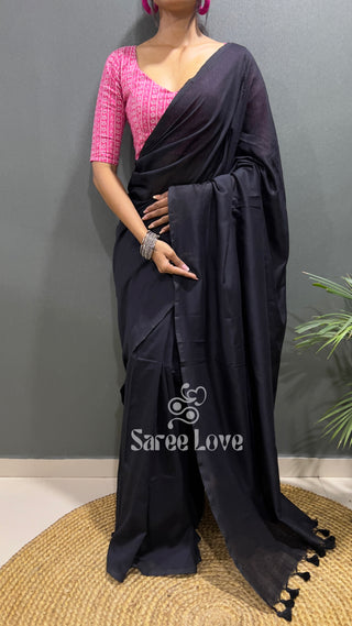 Black Cotton Saree With Pink Floral Print Blouse