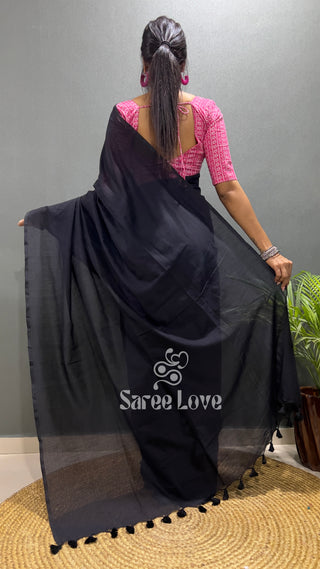 Black Cotton Saree With Pink Floral Print Blouse