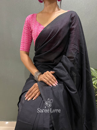 Black Cotton Saree With Pink Floral Print Blouse