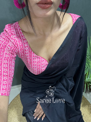 Black Cotton Saree With Pink Floral Print Blouse