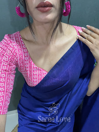 Royal Blue Cotton Saree With Pink Floral Print Blouse