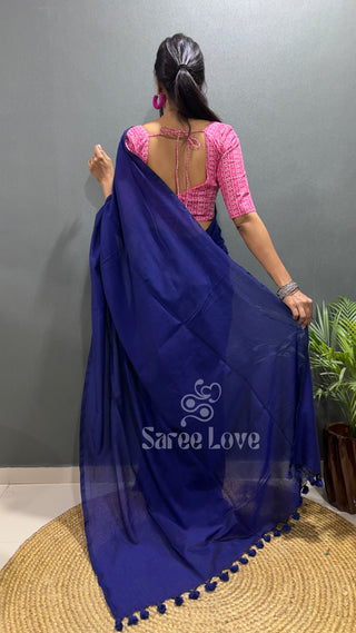 Royal Blue Cotton Saree With Pink Floral Print Blouse