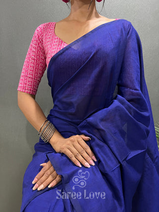 Royal Blue Cotton Saree With Pink Floral Print Blouse