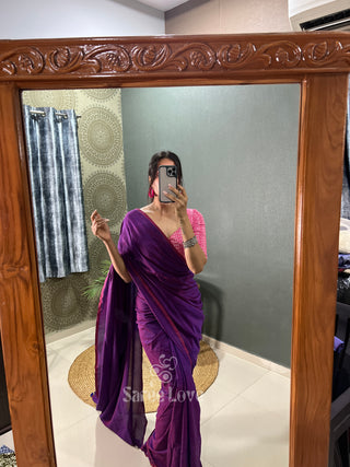 Purple Cotton Saree With Pink Floral Print Blouse