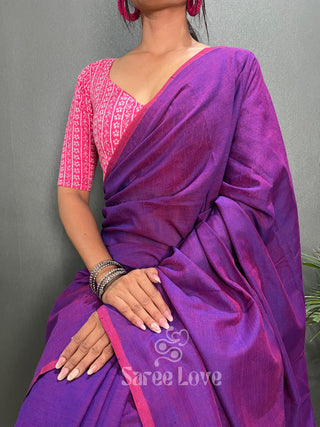 Purple Cotton Saree With Pink Floral Print Blouse