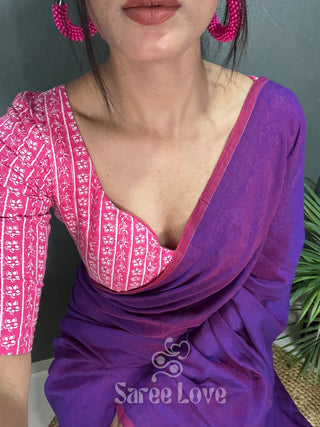 Purple Cotton Saree With Pink Floral Print Blouse