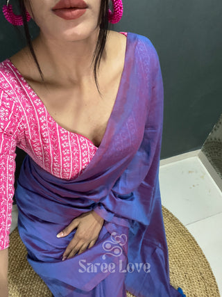 Shimmery Blue Cotton Saree With Pink Floral Print Blouse