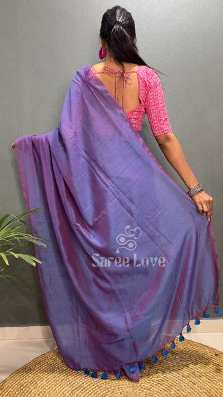 Shimmery Blue Cotton Saree With Pink Floral Print Blouse