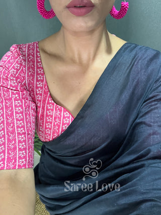 Dark Grey Cotton Saree With Pink Floral Print Blouse