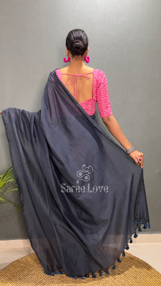 Dark Grey Cotton Saree With Pink Floral Print Blouse