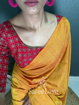 Mustard Cotton Saree With Red Printed Blouse