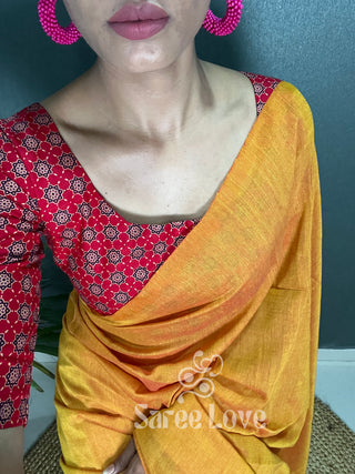 Mustard Cotton Saree With Red Printed Blouse