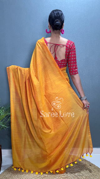 Mustard Cotton Saree With Red Printed Blouse