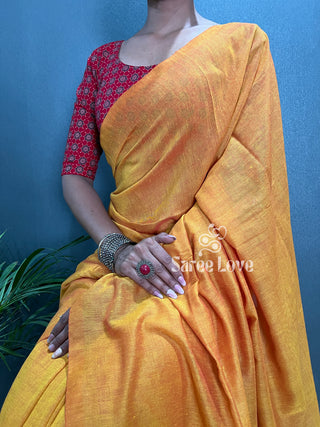 Mustard Cotton Saree With Red Printed Blouse