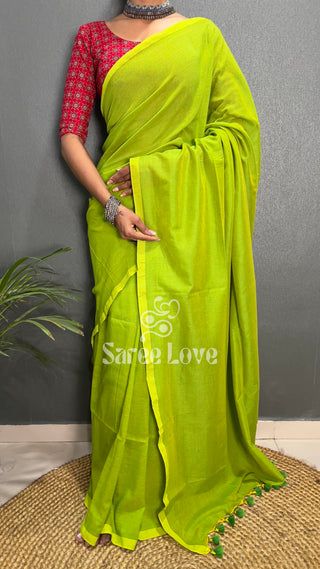 Parrot Green Cotton Saree With Red Printed Blouse