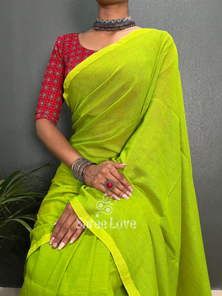 Parrot Green Cotton Saree With Red Printed Blouse