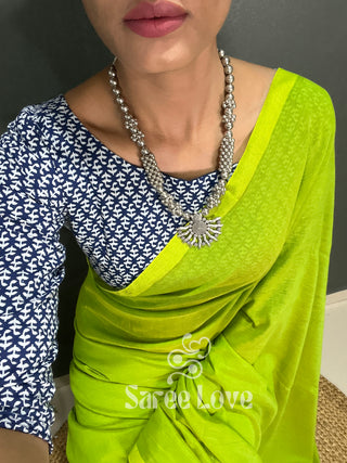 Parrot Green Cotton Saree With Blue Printed Blouse