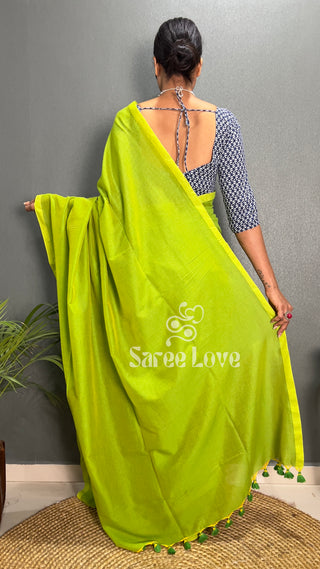 Parrot Green Cotton Saree With Blue Printed Blouse