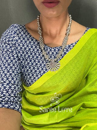 Parrot Green Cotton Saree With Blue Printed Blouse