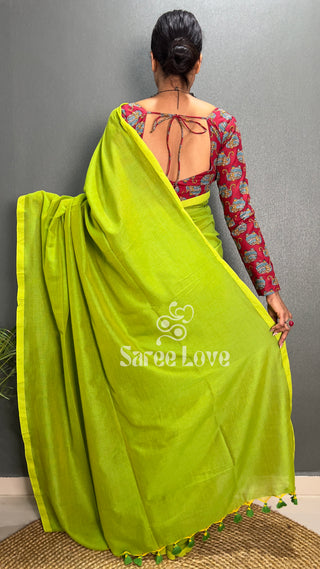 Parrot Green Cotton Saree With Red Elephant Print Blouse