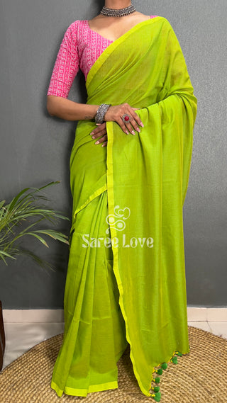 Parrot Green Cotton Saree With Pink Floral Print Blouse