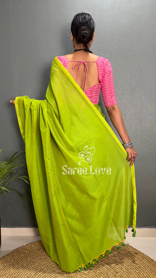 Parrot Green Cotton Saree With Pink Floral Print Blouse