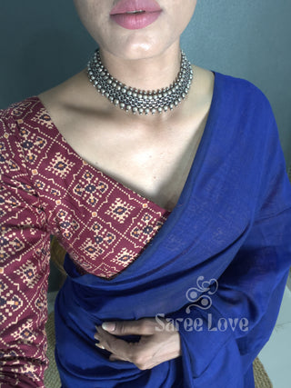 Dark Blue Cotton Saree With Red Printed Blouse