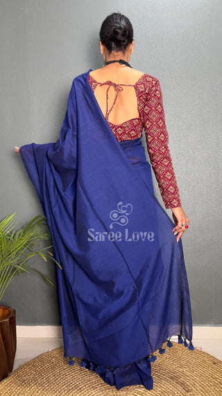 Dark Blue Cotton Saree With Red Printed Blouse