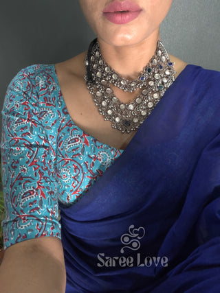 Dark Blue Cotton Saree With Printed Blouse