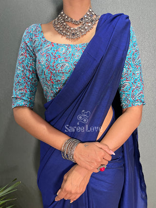 Dark Blue Cotton Saree With Printed Blouse