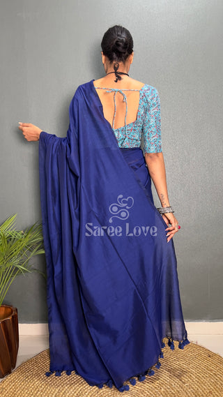 Dark Blue Cotton Saree With Printed Blouse