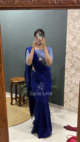 R Blue Cotton Saree With Blue Abstract Print Blouse