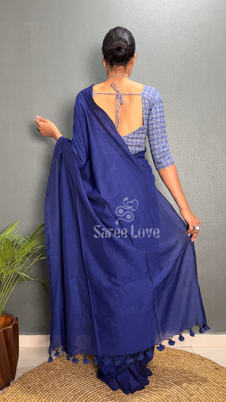 R Blue Cotton Saree With Blue Abstract Print Blouse