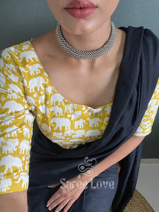 Black Cotton Saree With Yellow Printed Blouse