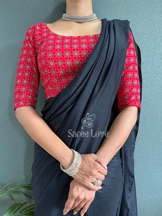 Black Cotton Saree With Red Printed Blouse