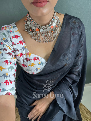 Black Cotton Saree With Elephant Print Blouse