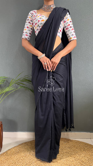 Black Cotton Saree With Elephant Print Blouse