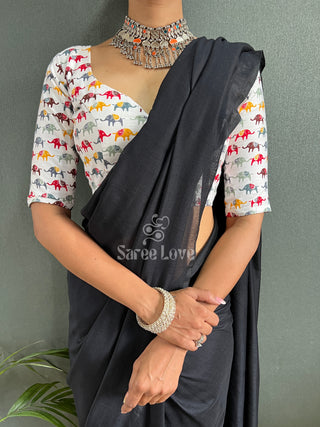 Black Cotton Saree With Elephant Print Blouse