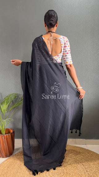 Black Cotton Saree With Elephant Print Blouse