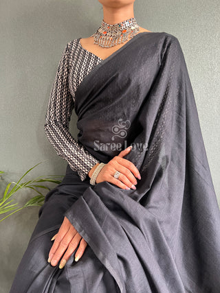 Black Cotton Saree With Printed Blouse